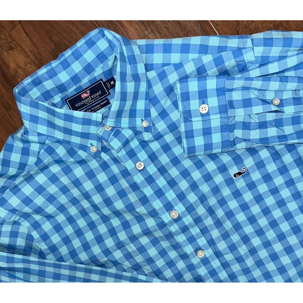 Vineyard Vines Slim Fit‎ Tucker Gingham Check Button Down Teal Mens Size Medium